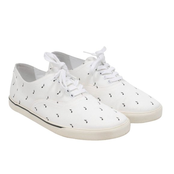 Celine Mens Music Note Sneakers 43 US10 White Black Low Top Lace Up Canvas Shoes - Picture 1 of 8